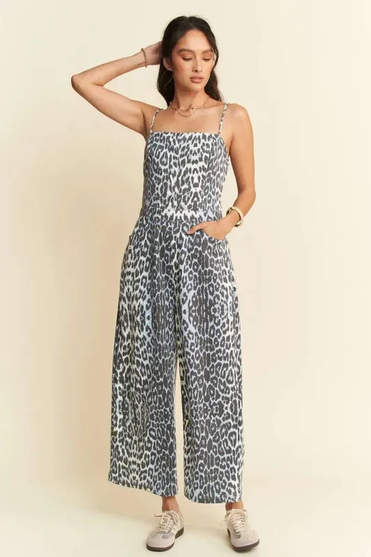 Davi & Dani Leopard Spaghetti Straps Wide Leg Jumpsuit sold by Unique Kulture