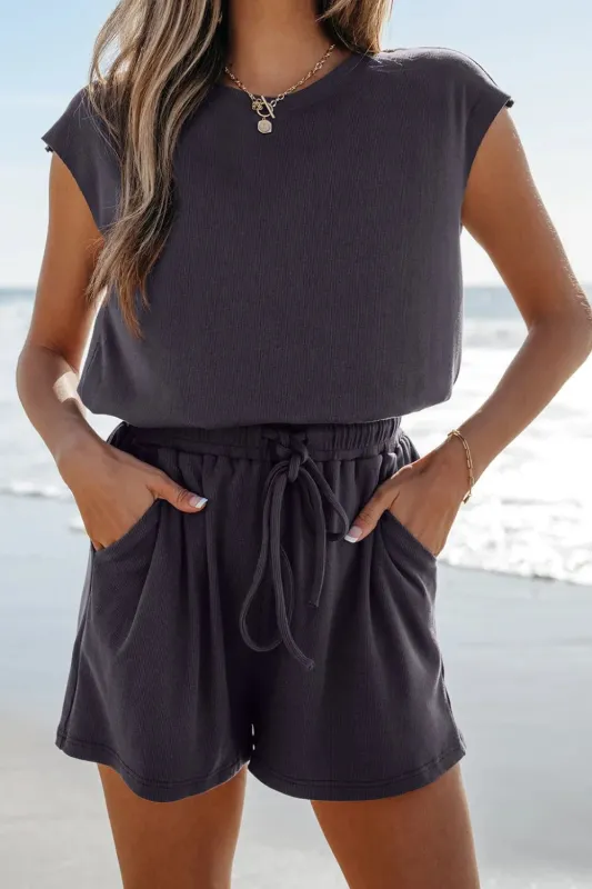 Knit Open Back Cap Sleeve Drawstring Romper made by Trendsi