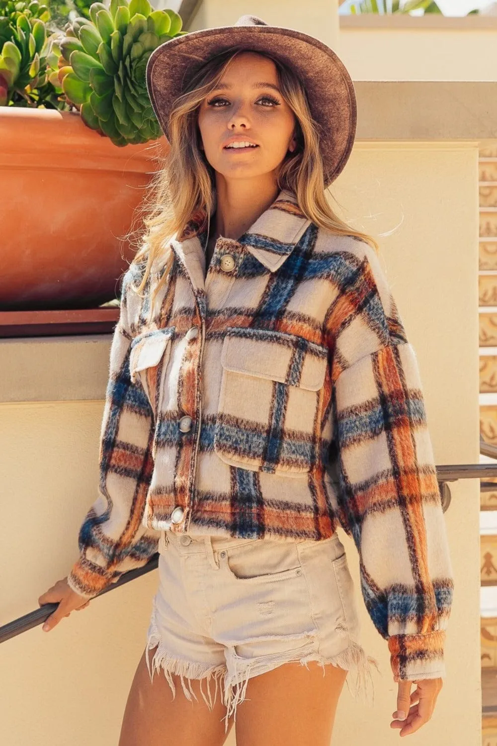 BiBi Brushed Plaid Crop Jacket with Pockets sold by Unique Kulture product image thumbnail 3