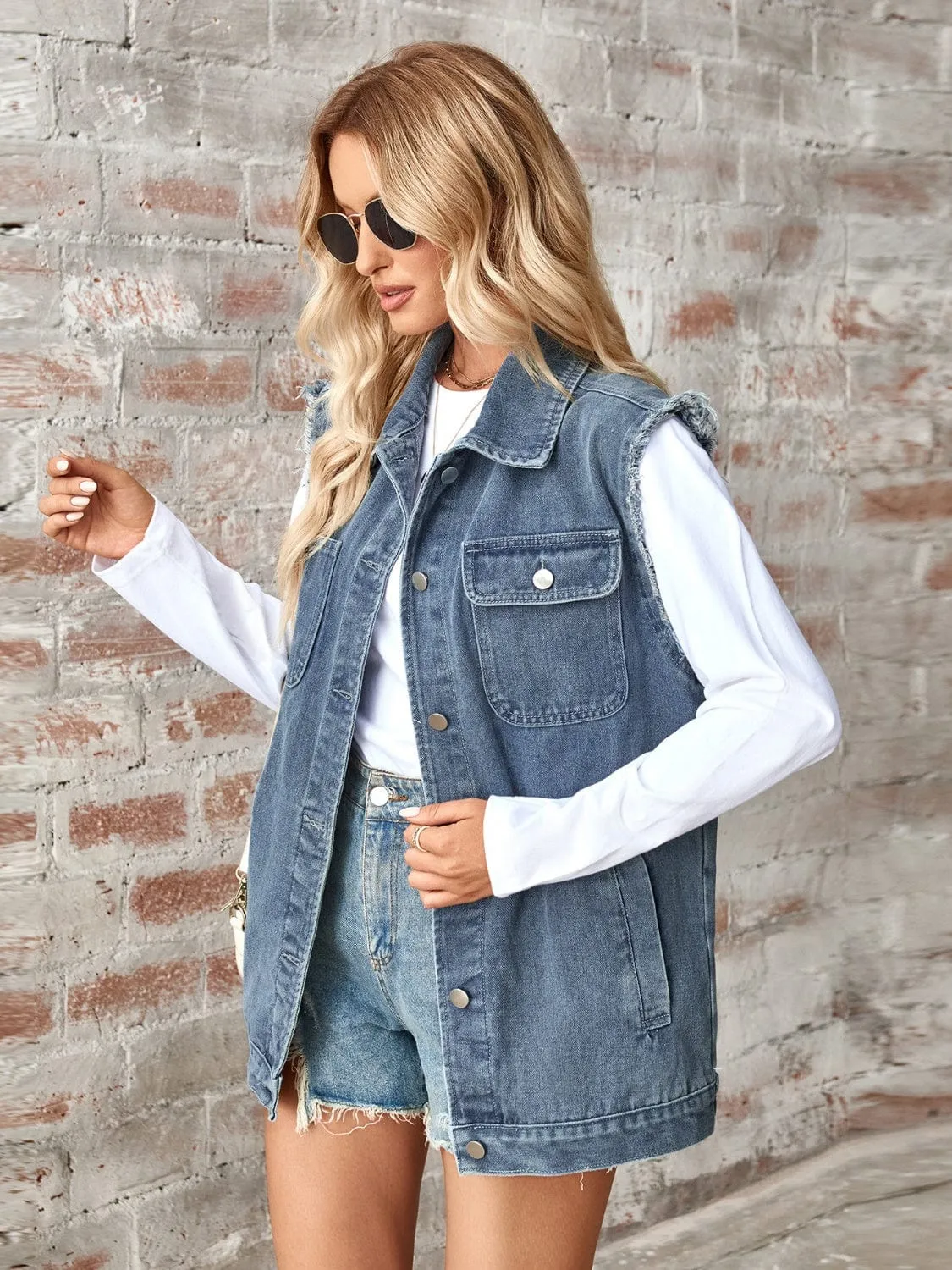 Raw Hem Sleeveless Button Up Denim Jacket sold by Unique Kulture product image thumbnail 4