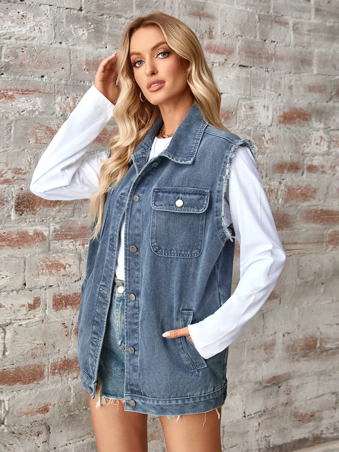 Raw Hem Sleeveless Button Up Denim Jacket sold by Unique Kulture product image thumbnail 3
