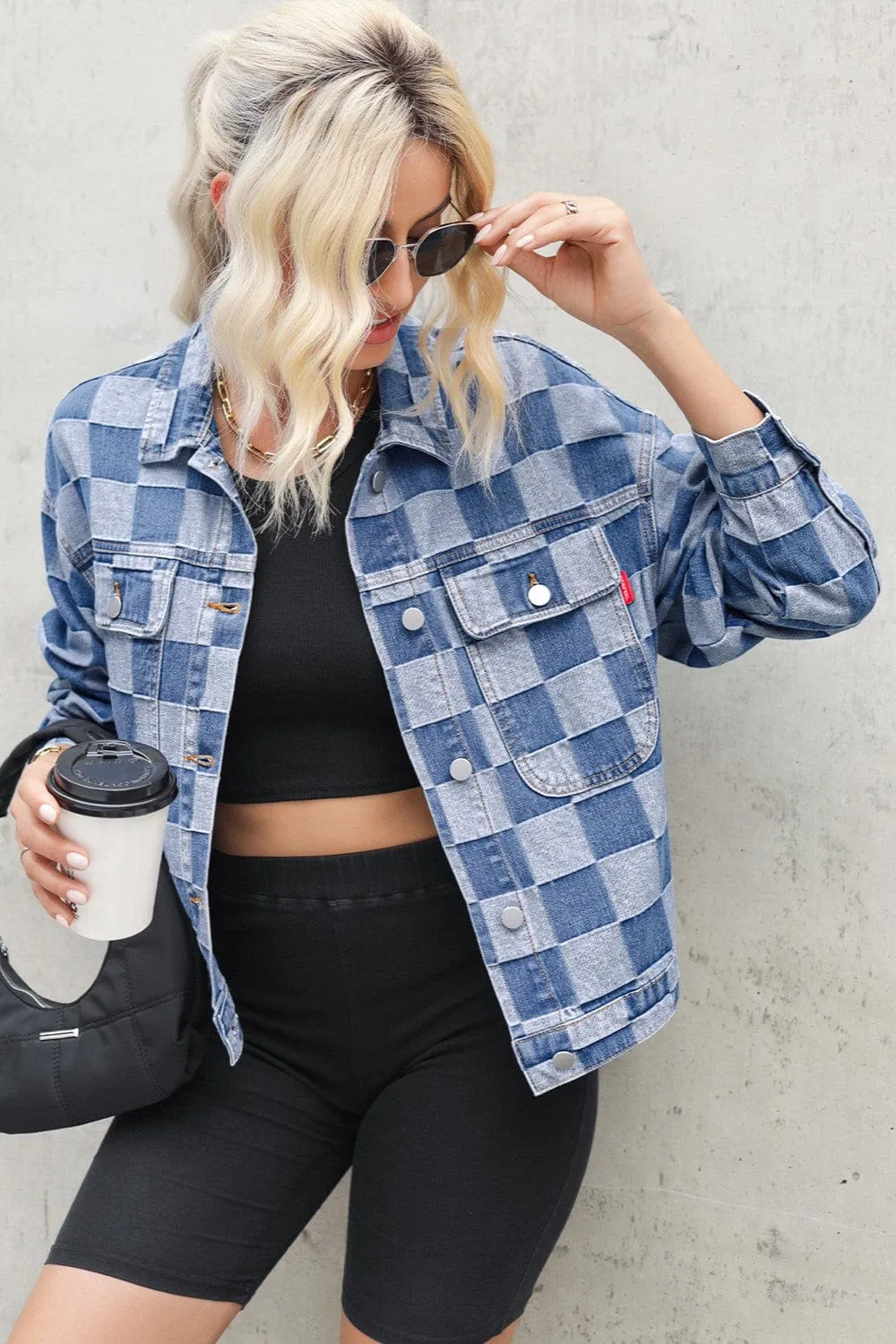 Checkered Button Up Long Sleeve Denim Jacket sold by Unique Kulture product image thumbnail 3