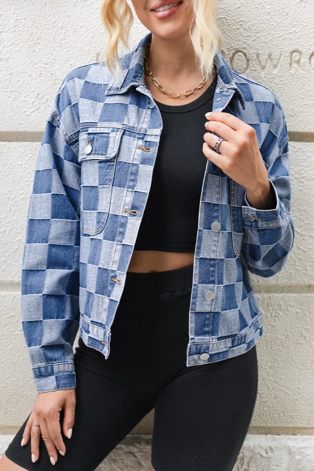 Checkered Button Up Long Sleeve Denim Jacket sold by Unique Kulture