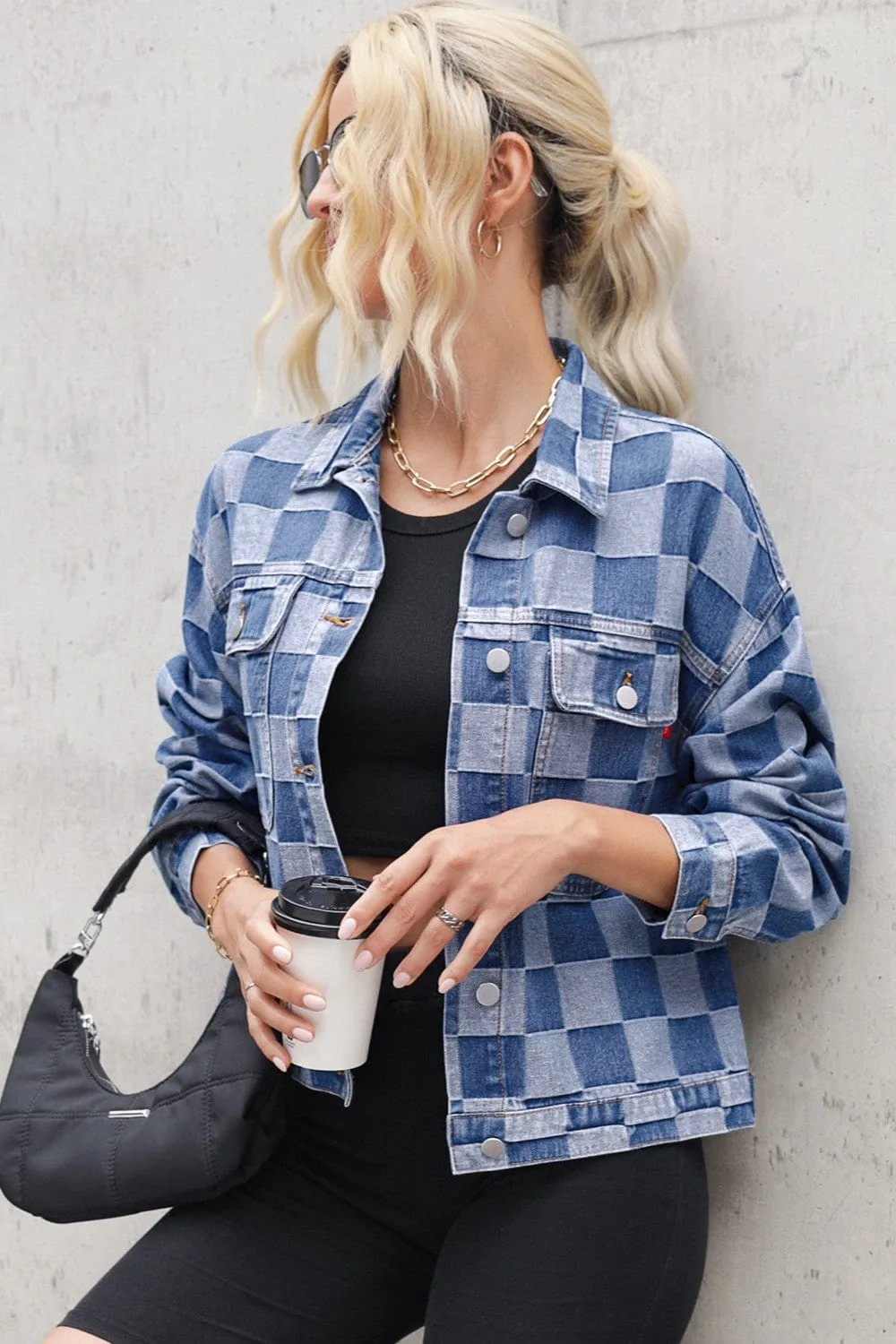 Checkered Button Up Long Sleeve Denim Jacket sold by Unique Kulture product image thumbnail 2