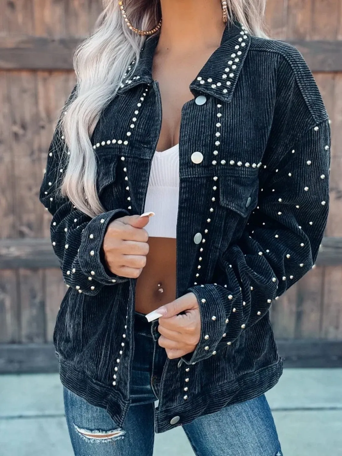 Studded Collared Neck Button Down Jacket sold by Unique Kulture product image thumbnail 4