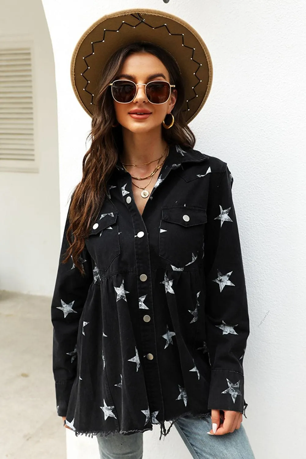Collared Neck Star Print Long Sleeve Denim Jacket sold by Unique Kulture