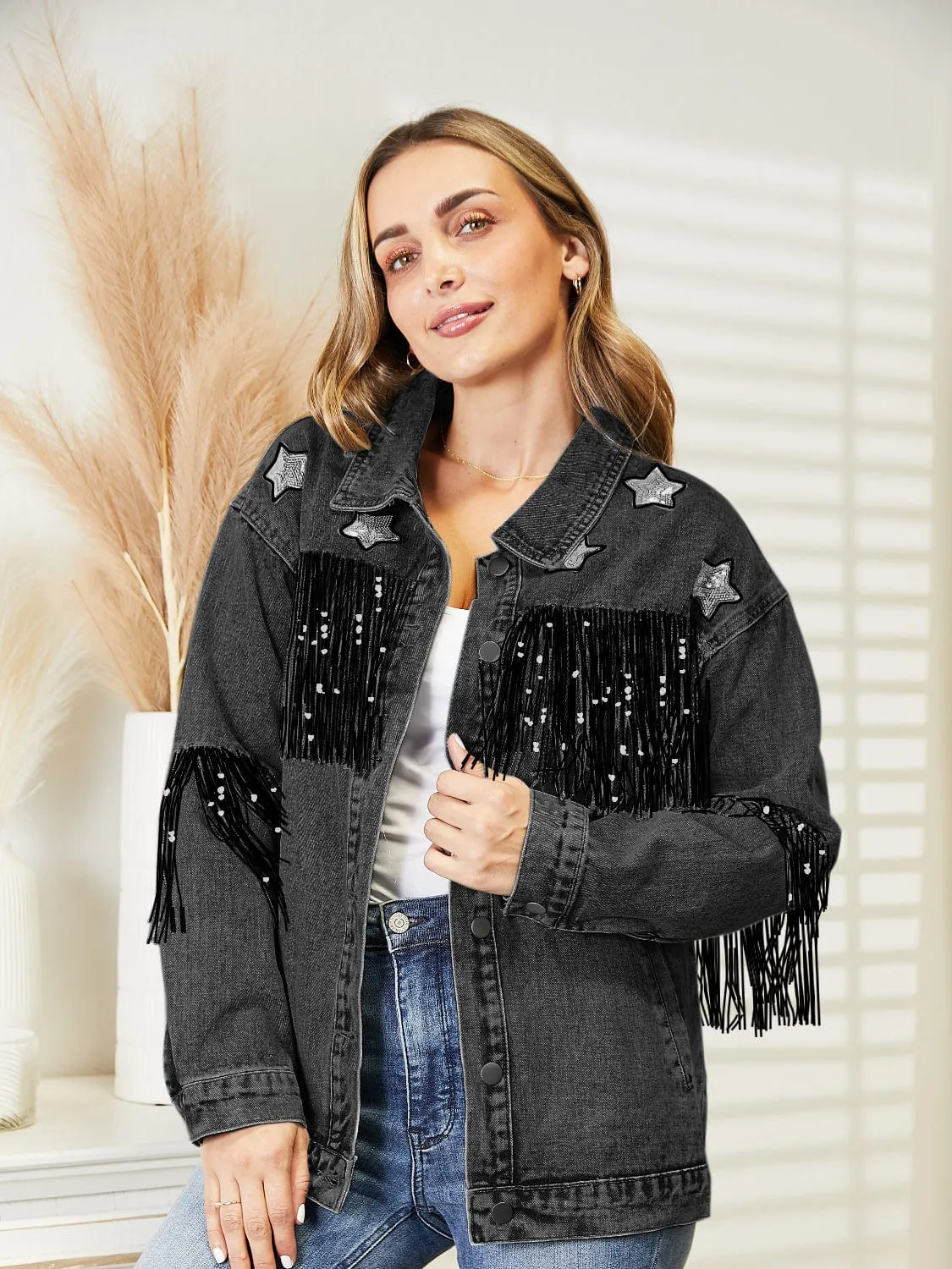 Fringe Detail Long Sleeve Denim Jacket sold by Unique Kulture product image thumbnail 4
