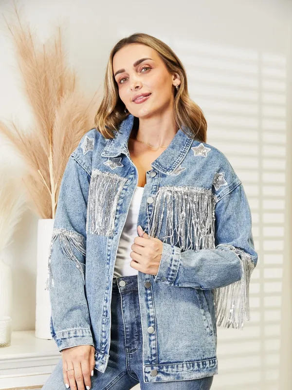 Fringe Detail Long Sleeve Denim Jacket made by Trendsi
