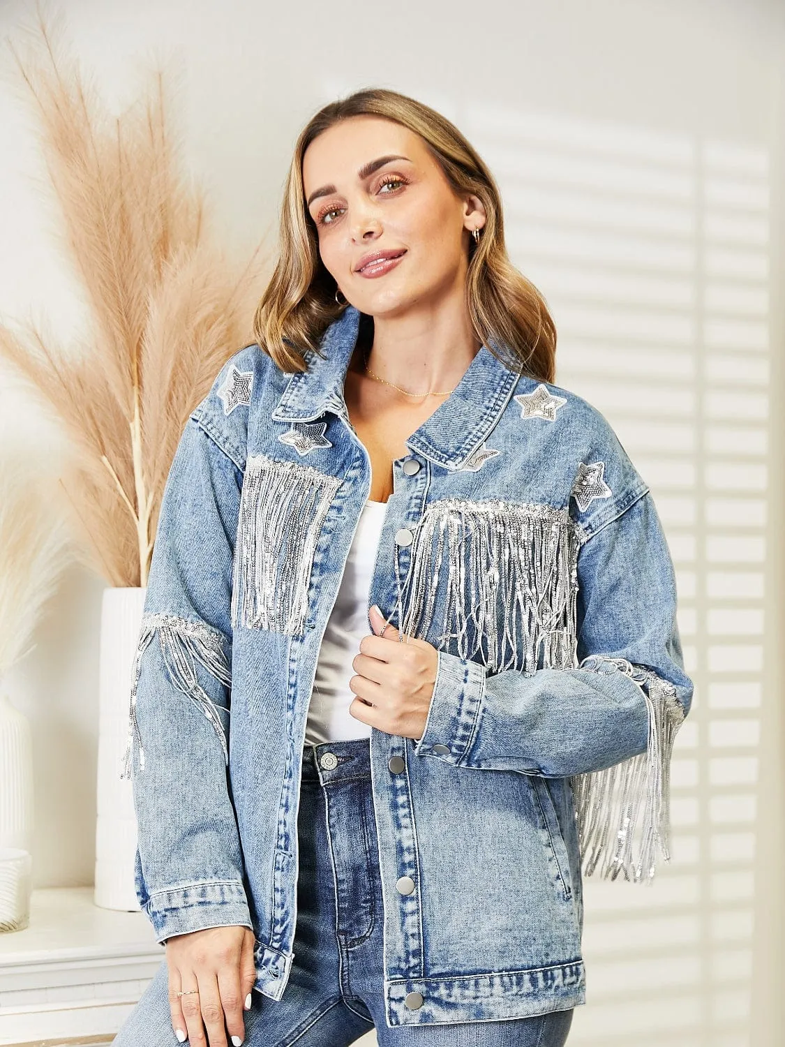 Fringe Detail Long Sleeve Denim Jacket sold by Unique Kulture