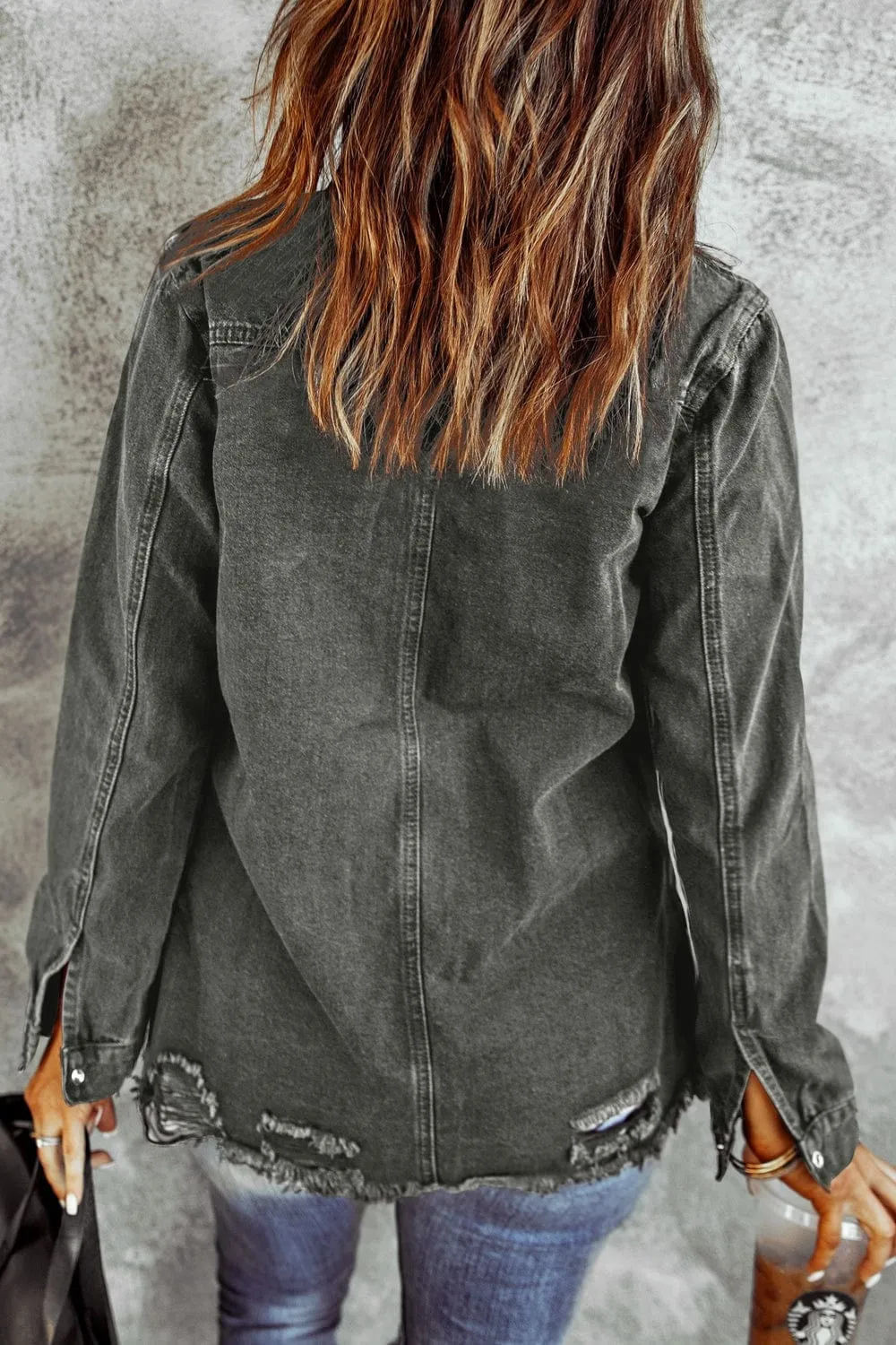 Distressed Raw Hem Snap Down Denim Jacket sold by Unique Kulture product image thumbnail 4