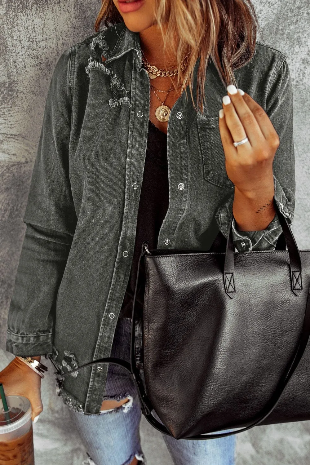 Distressed Raw Hem Snap Down Denim Jacket sold by Unique Kulture product image thumbnail 2