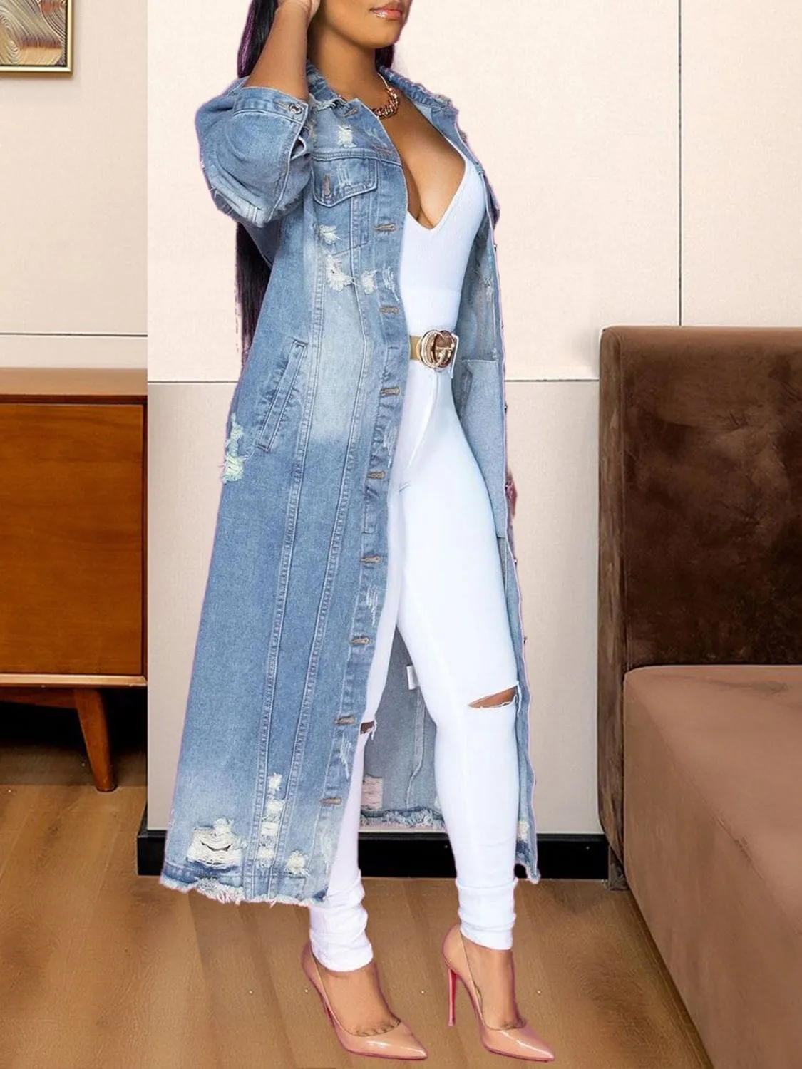 Long Sleeve Raw Hem Denim Jacket sold by Unique Kulture product image thumbnail 3