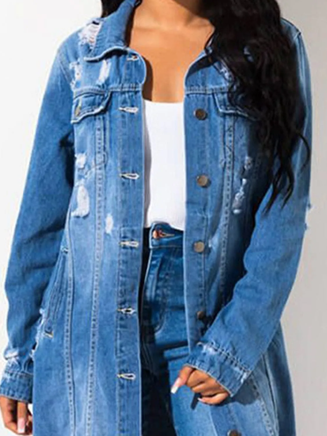Long Sleeve Raw Hem Denim Jacket sold by Unique Kulture product image thumbnail 5