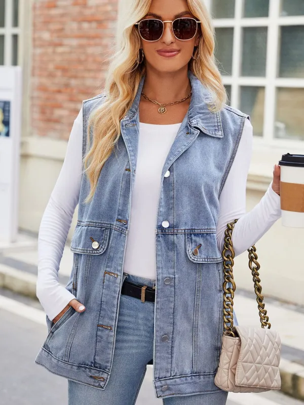 Button Up Collared Neck Denim Jacket with Pockets made by Trendsi