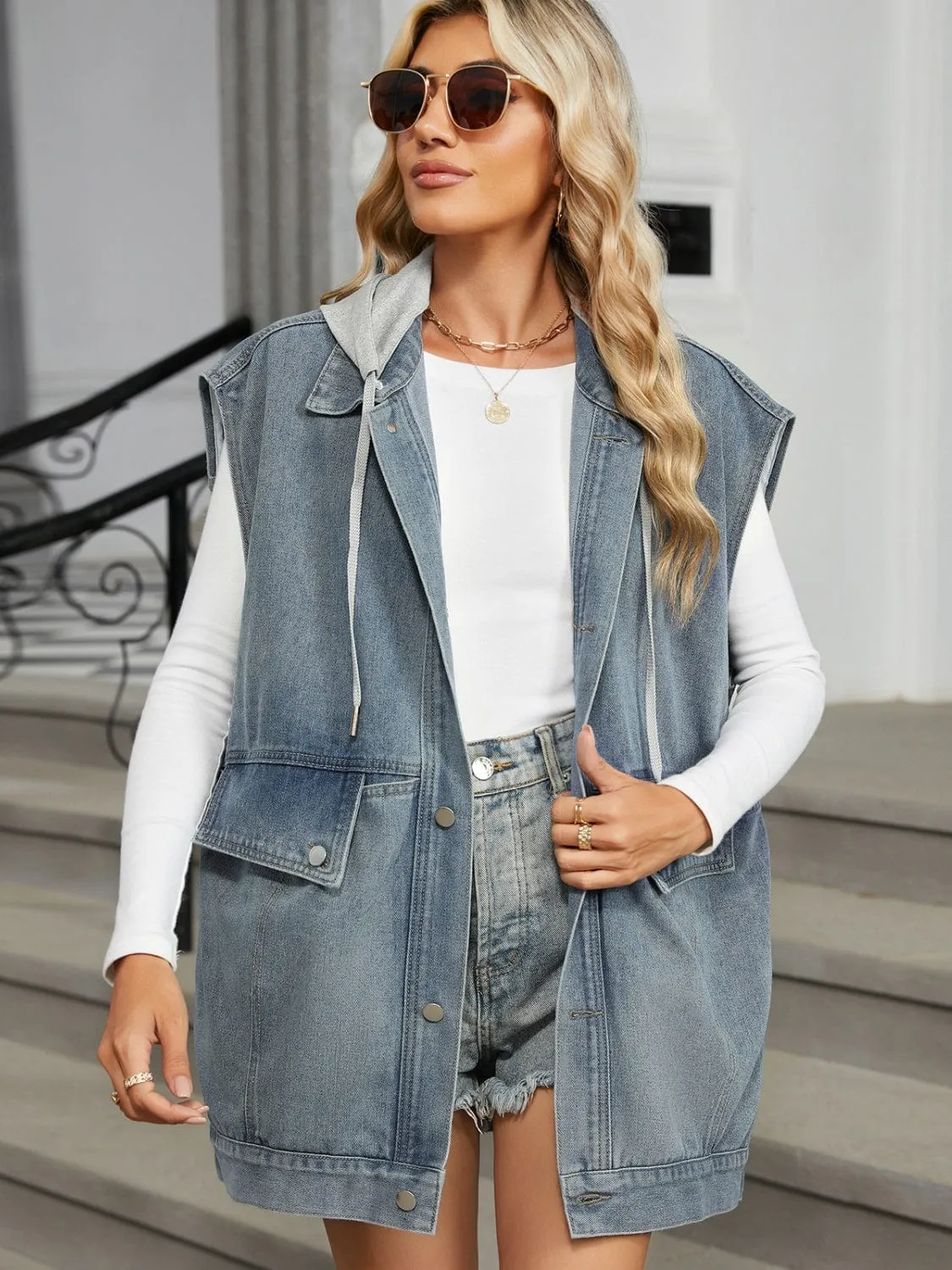 Removable Hood Button Up Cap Sleeve Denim Jacket sold by Unique Kulture