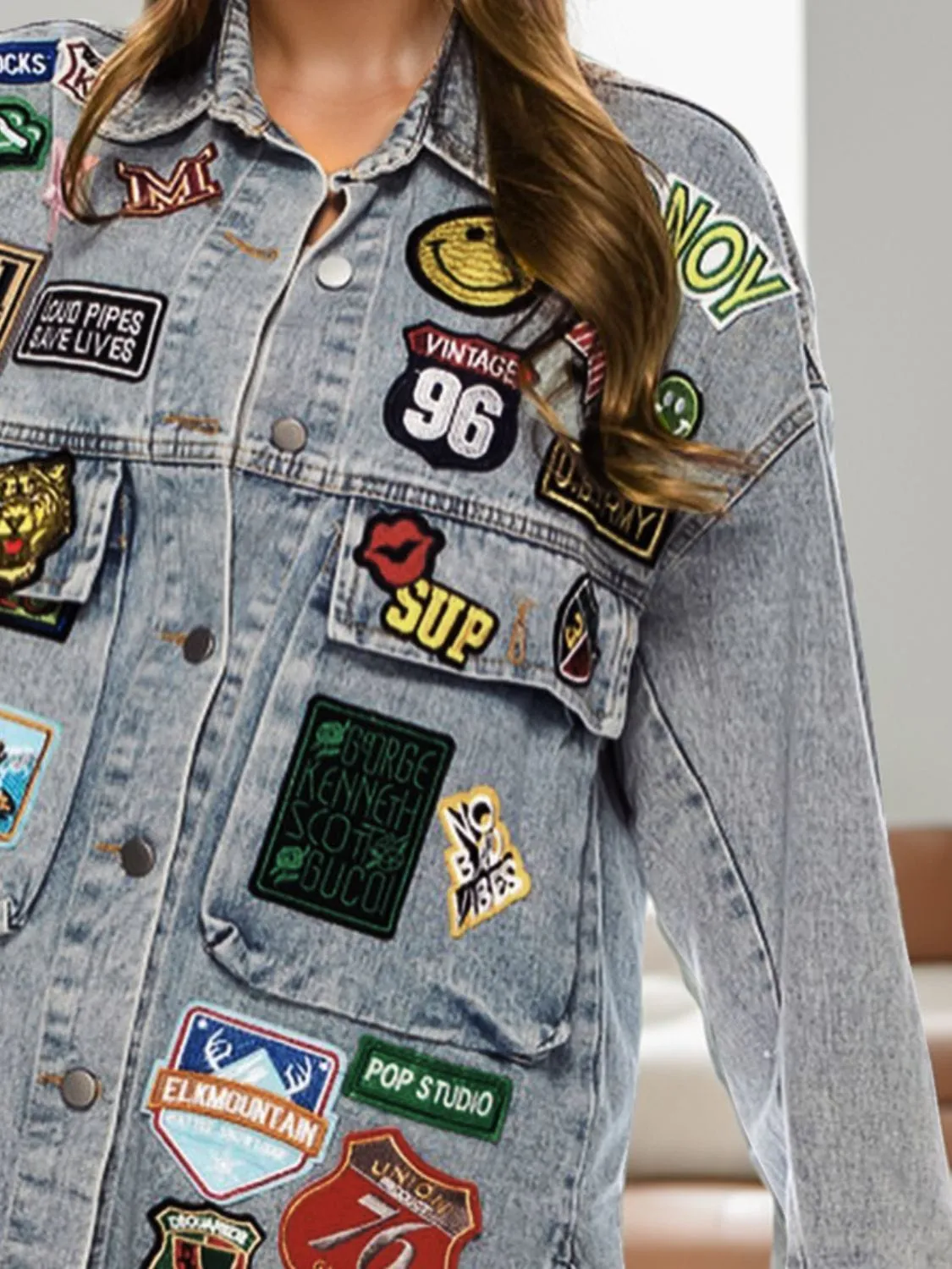 Embroidered Patch Button Up Long Sleeve Denim Jacket sold by Unique Kulture product image thumbnail 3