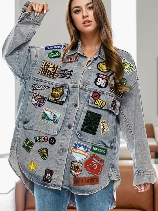 Embroidered Patch Button Up Long Sleeve Denim Jacket sold by Unique Kulture