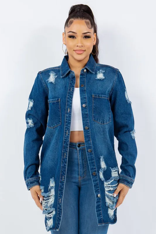American Bazi Distressed Button Up Long Sleeve Denim Jacket sold by Unique Kulture