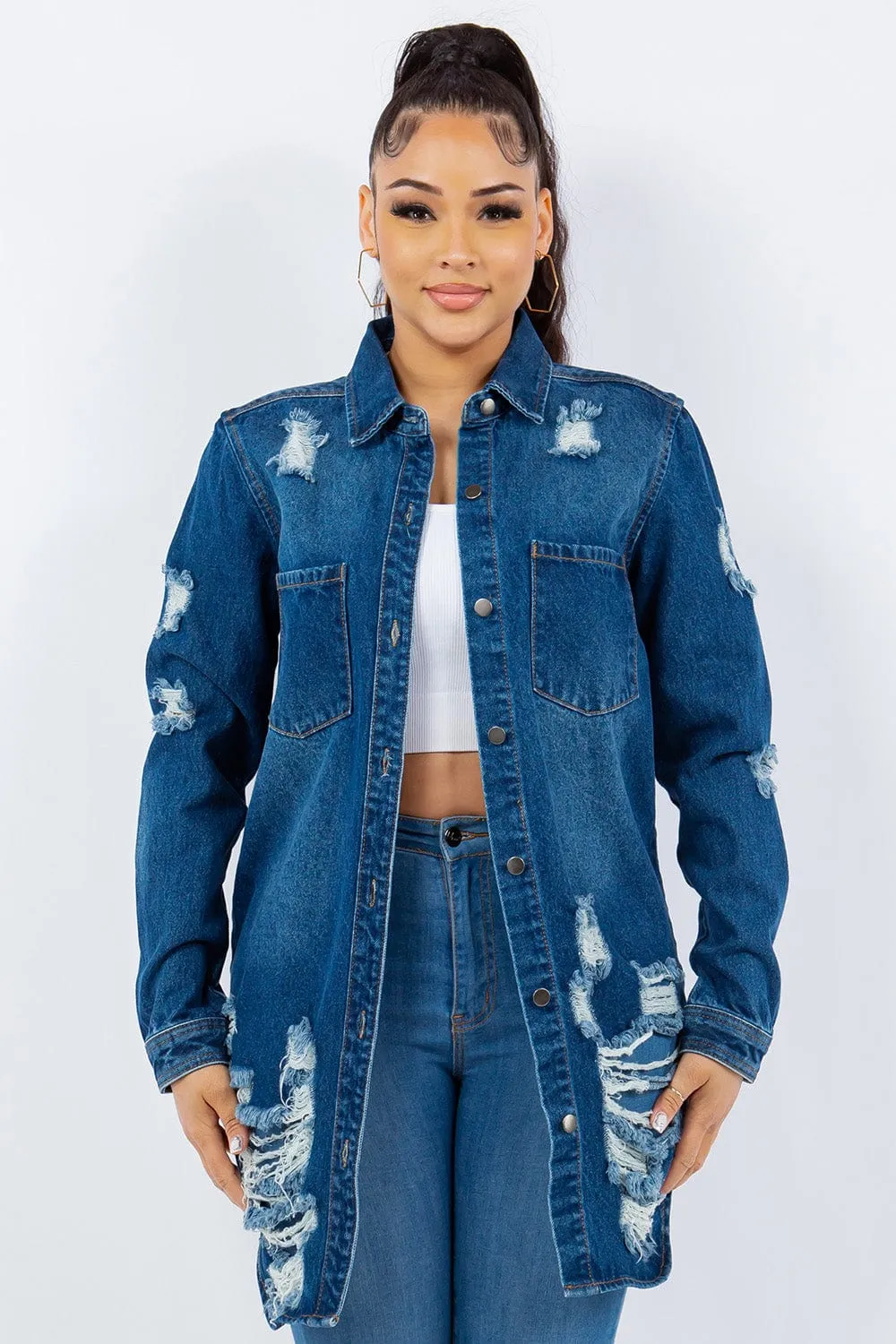 American Bazi Distressed Button Up Long Sleeve Denim Jacket sold by Unique Kulture