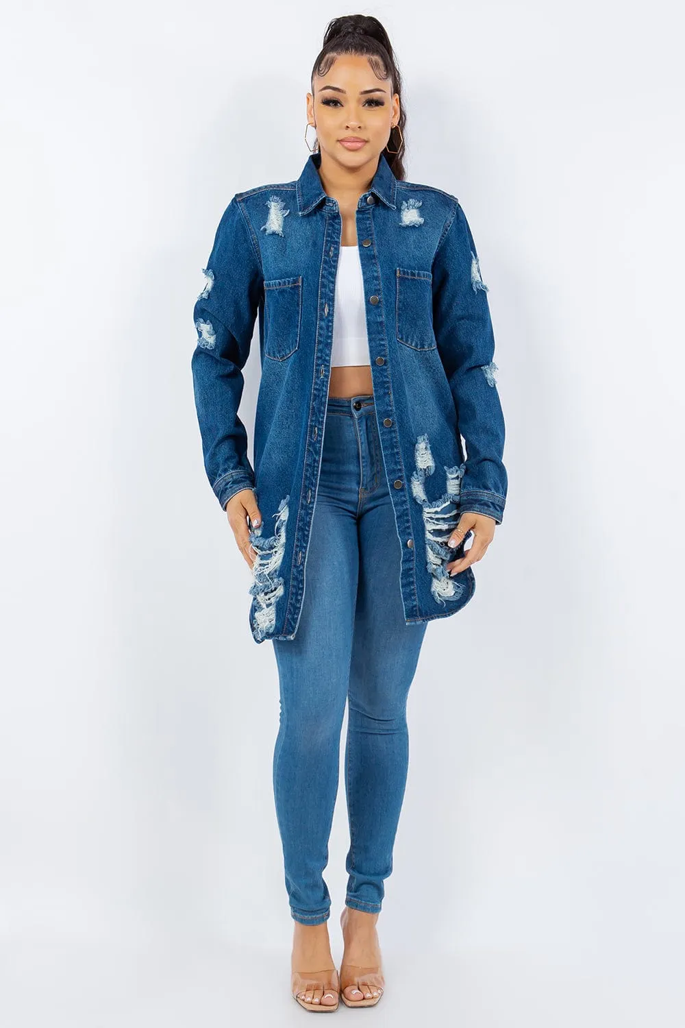 American Bazi Distressed Button Up Long Sleeve Denim Jacket sold by Unique Kulture product image thumbnail 4