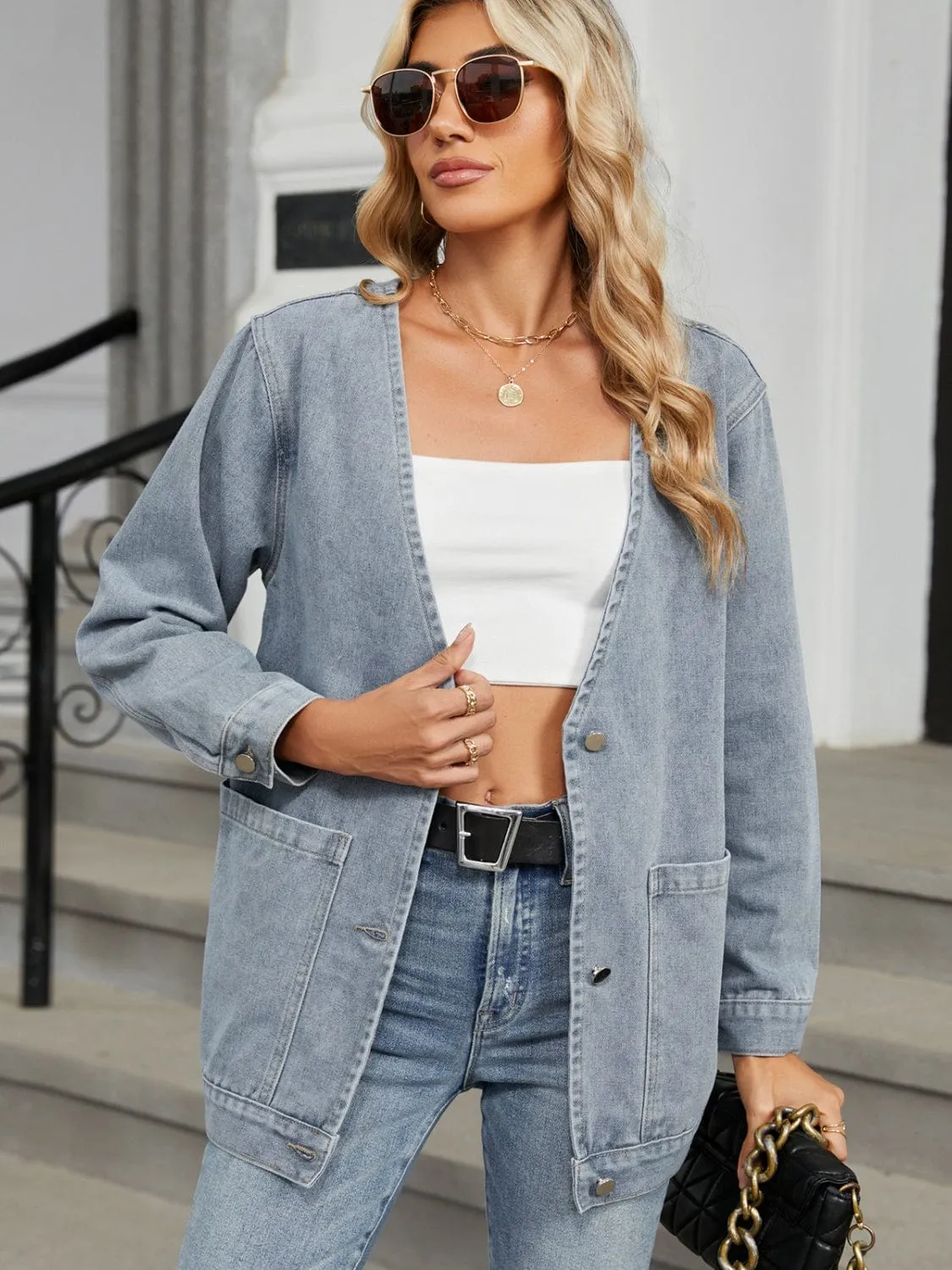 Pocketed V-Neck Button Up Denim Jacket sold by Unique Kulture