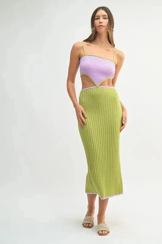 MABLE Ribbed Knit Color Block Cutout Midi Dress made by Trendsi