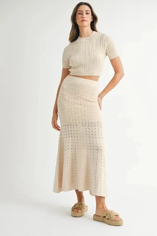 MABLE Pointelle Short Sleeve Crop Top and Slit Skirt Sweater Set sold by Unique Kulture