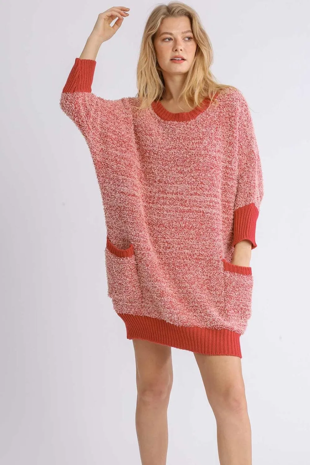 Umgee Full Size Ribbed Hem Round Neck 3/4 Sleeve Sweater Dress with Pockets Plus Size sold by Unique Kulture