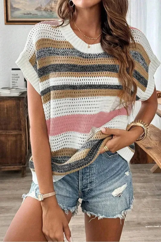 Stripe Color Block Eyelet Knit Short Sleeve Knit Top sold by Unique Kulture