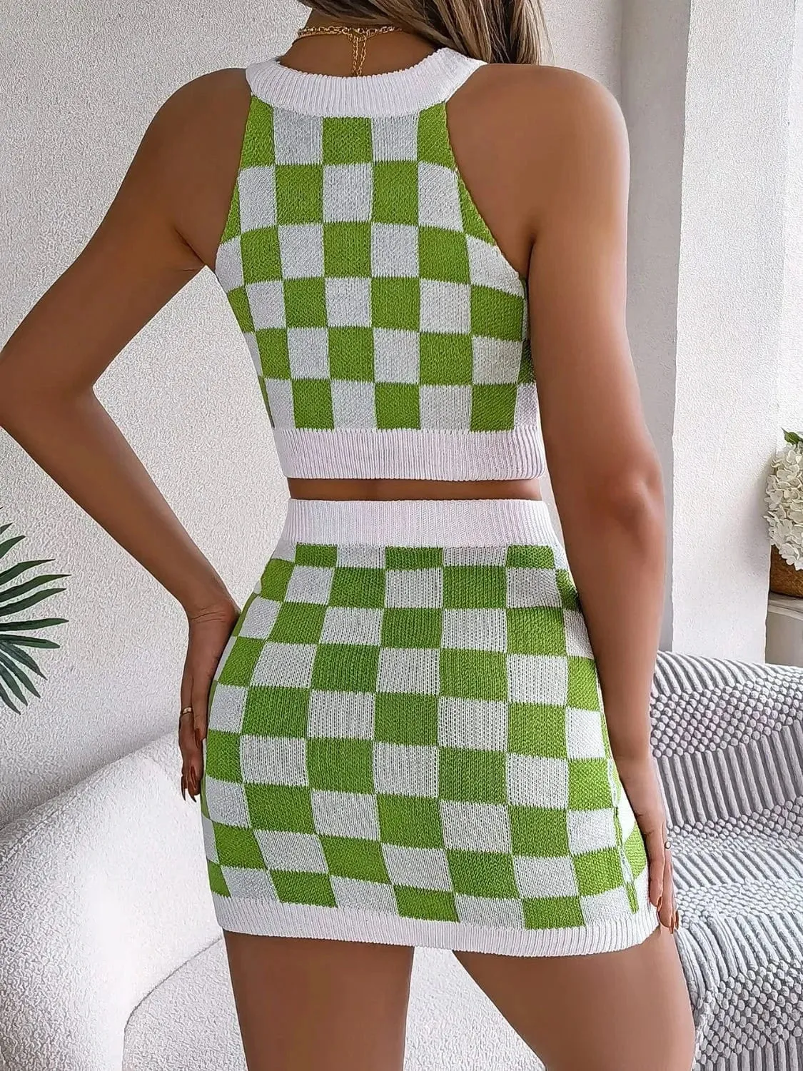 Checkered Grecian Neck Cami and Skirt Sweater Set sold by Unique Kulture product image thumbnail 3