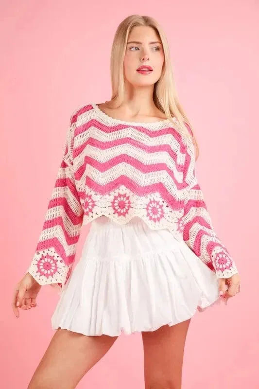 VERY J Chevron/Floral Pattern Crochet Knit Top sold by Unique Kulture