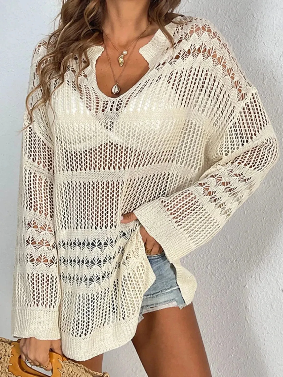 Openwork Notched Long Sleeve Knit Cover Up sold by Unique Kulture product image thumbnail 2