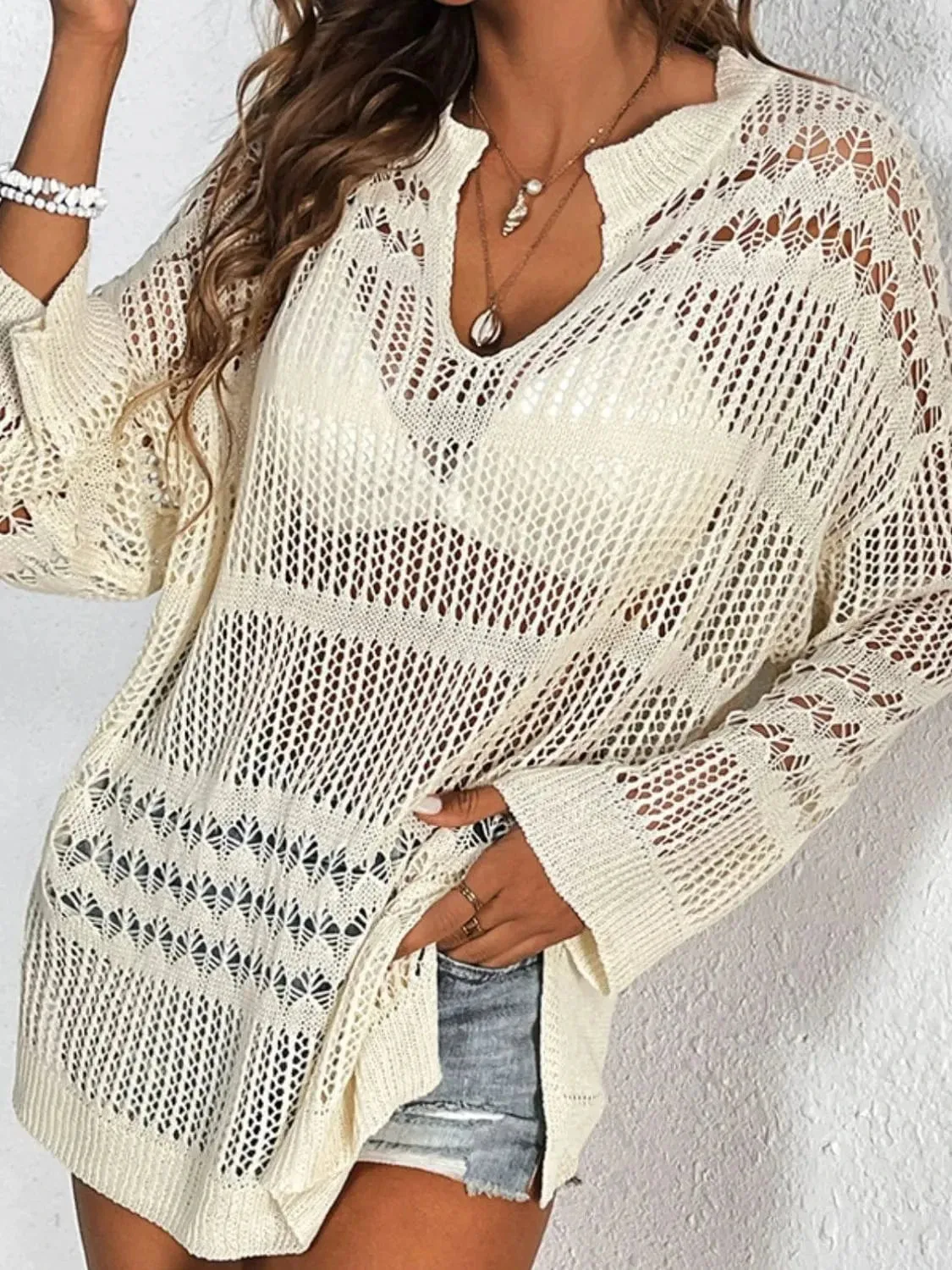 Openwork Notched Long Sleeve Knit Cover Up sold by Unique Kulture product image thumbnail 5