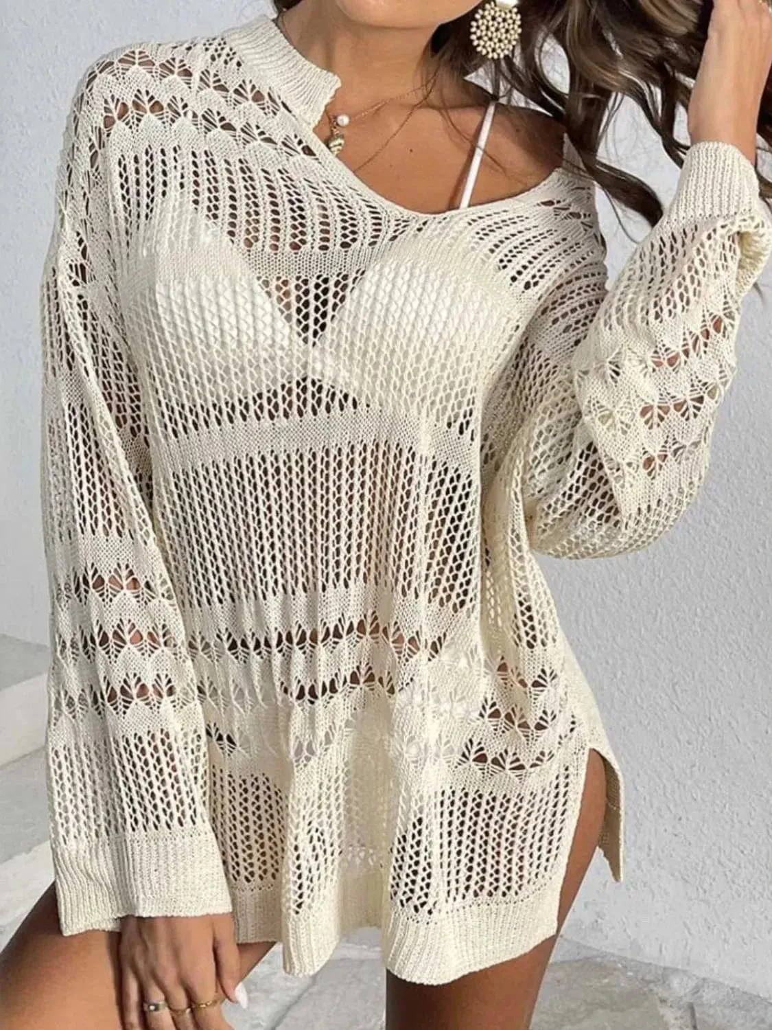 Openwork Notched Long Sleeve Knit Cover Up sold by Unique Kulture
