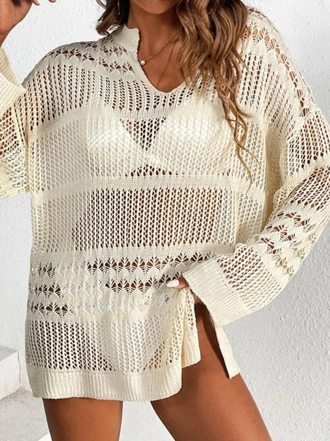 Openwork Notched Long Sleeve Knit Cover Up sold by Unique Kulture product image thumbnail 4