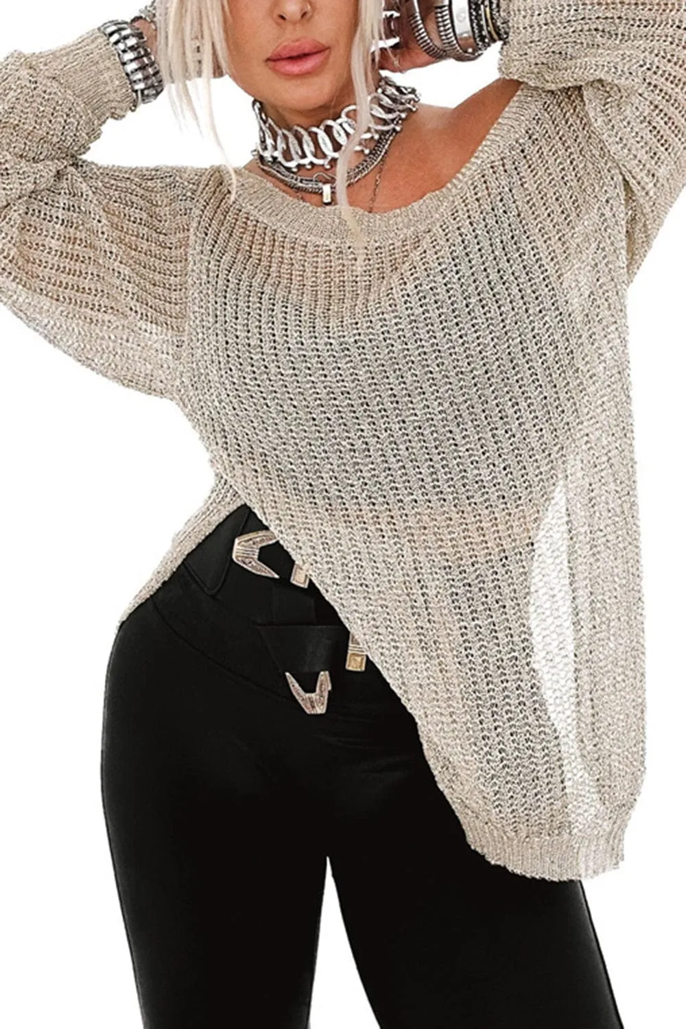 Side Slit Long Sleeve Knit Cover Up sold by Unique Kulture product image thumbnail 3