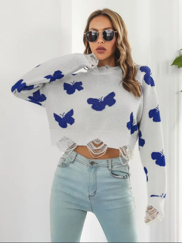 Distressed Butterfly Cropped Sweater made by Trendsi