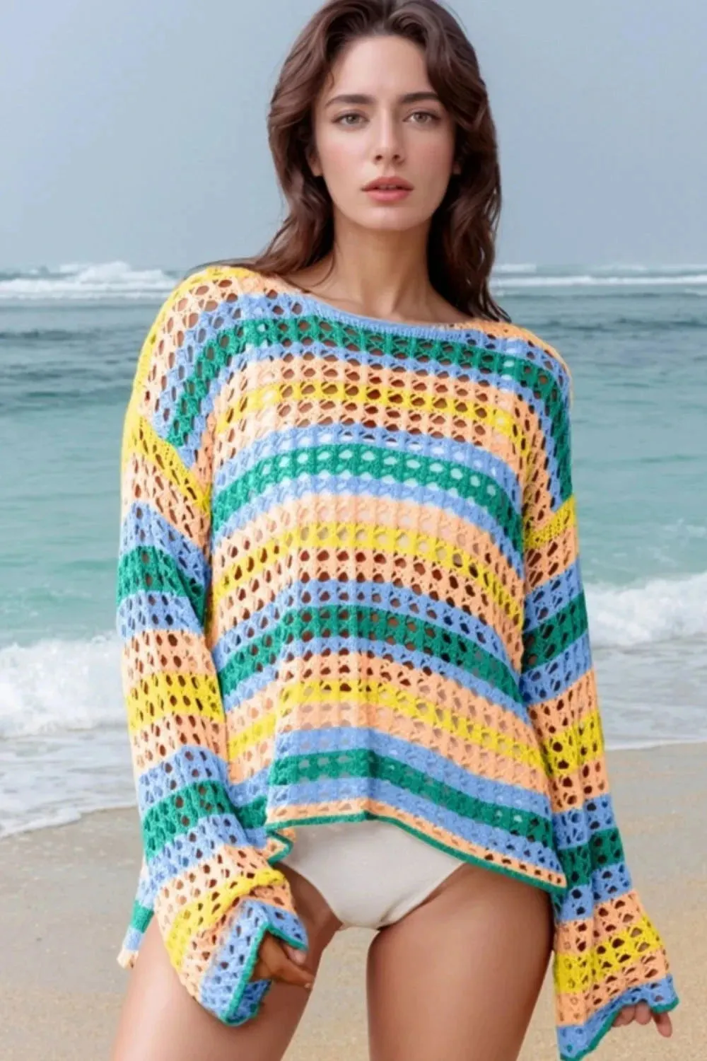 Openwork Round Neck Long Sleeve Knit Cover Up sold by Unique Kulture