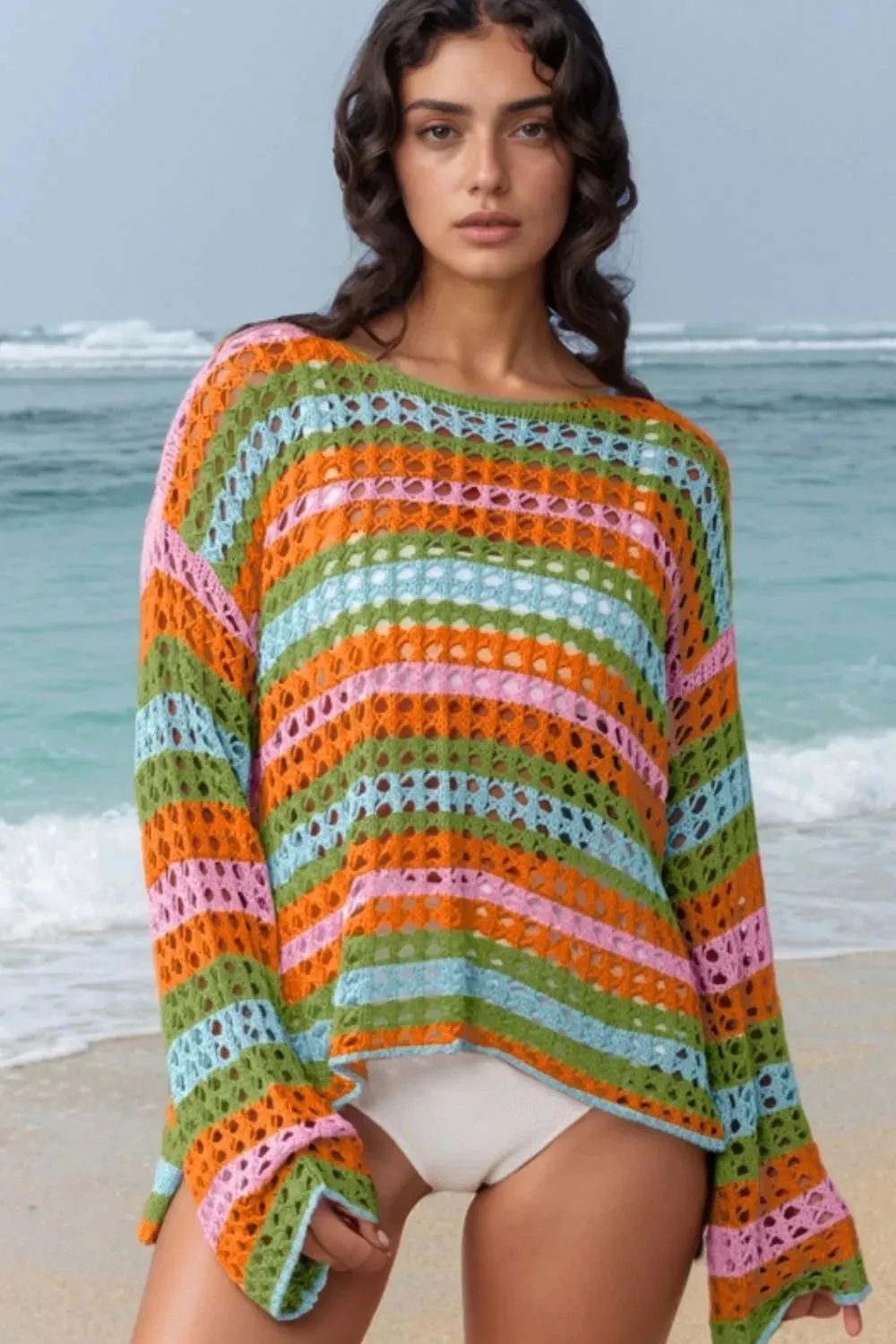Openwork Round Neck Long Sleeve Knit Cover Up sold by Unique Kulture product image thumbnail 4