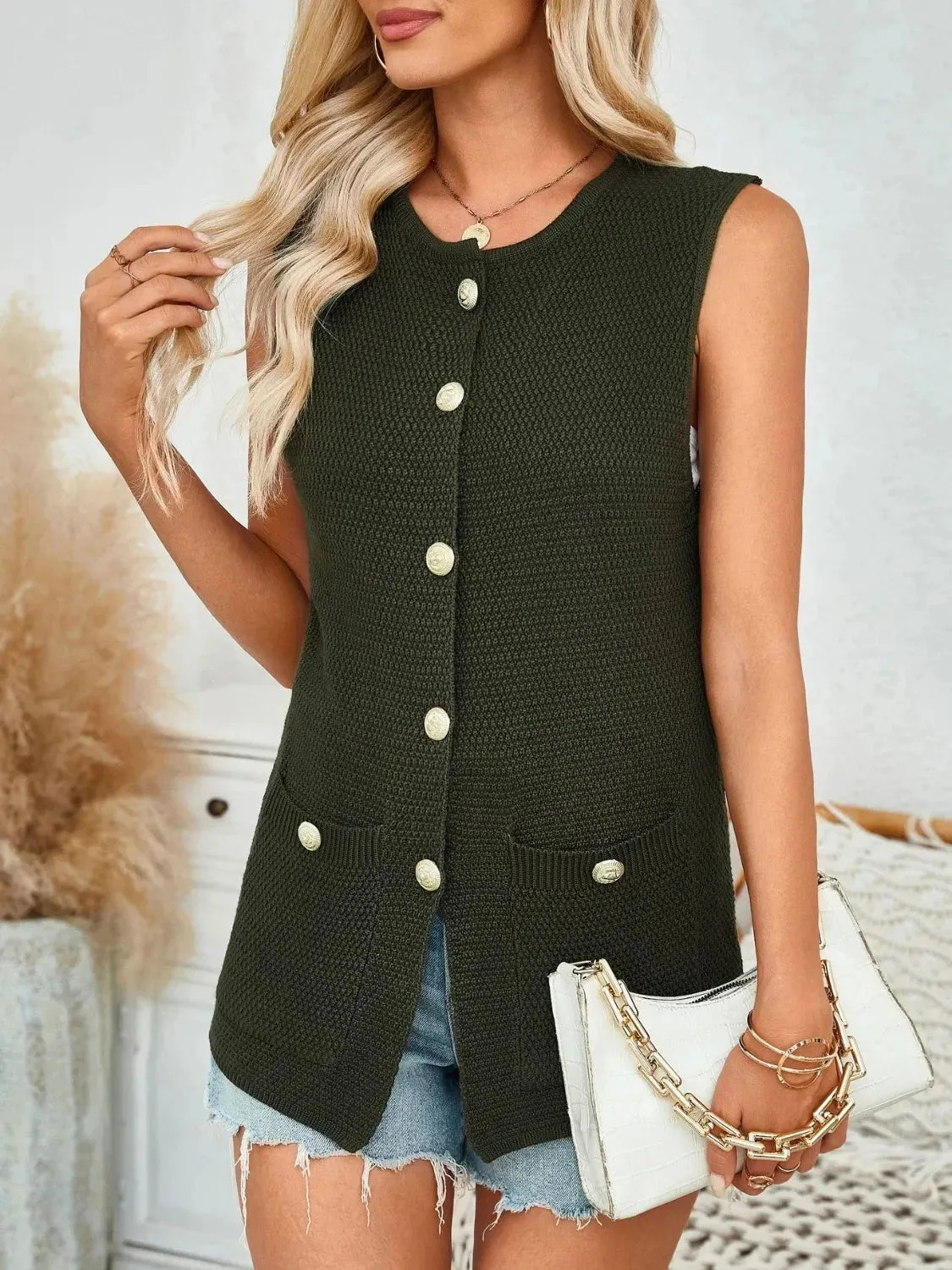 Button Down Round Neck Knit Vest sold by Unique Kulture product image thumbnail 3
