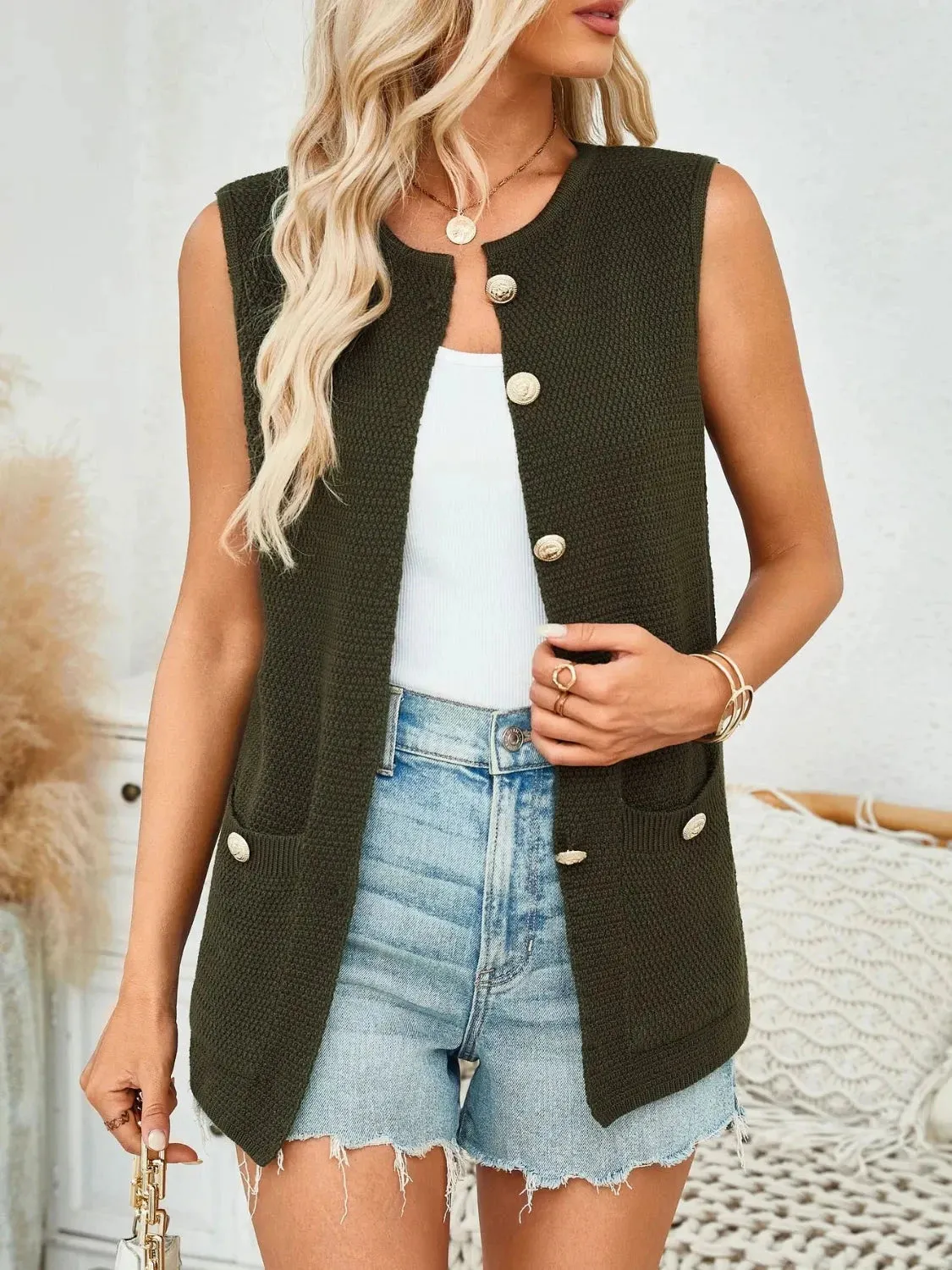 Button Down Round Neck Knit Vest sold by Unique Kulture product image thumbnail 4