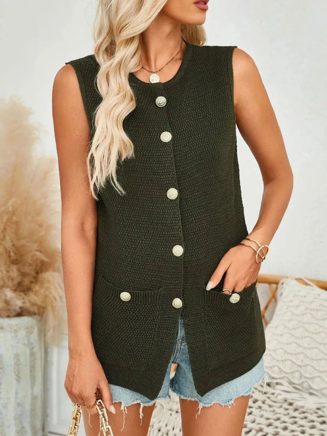 Button Down Round Neck Knit Vest sold by Unique Kulture product image thumbnail 5
