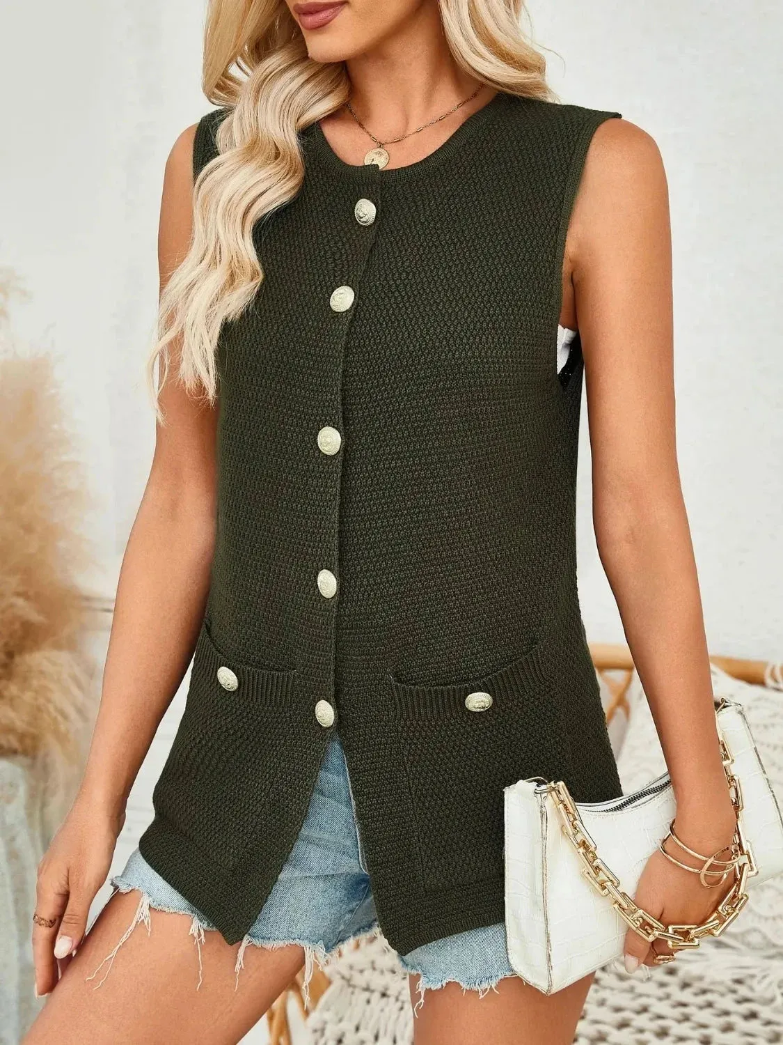 Button Down Round Neck Knit Vest sold by Unique Kulture