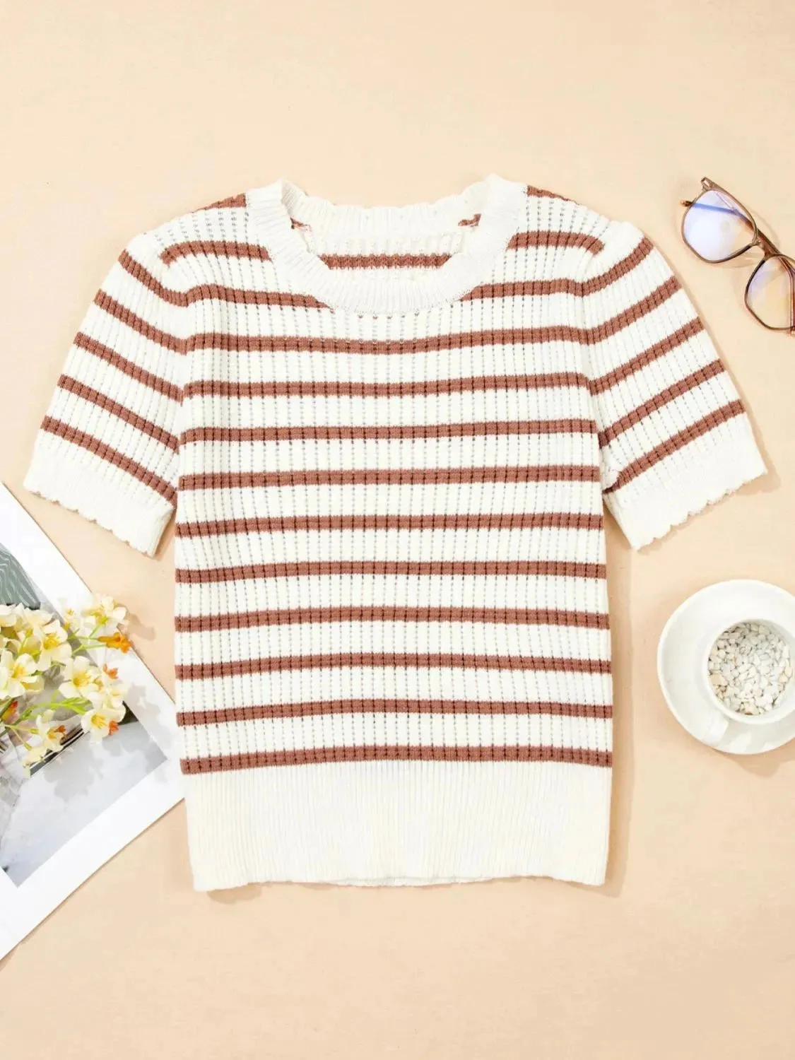 Stripe Scalloped Round Neck Short Sleeve Sweater sold by Unique Kulture product image thumbnail 4