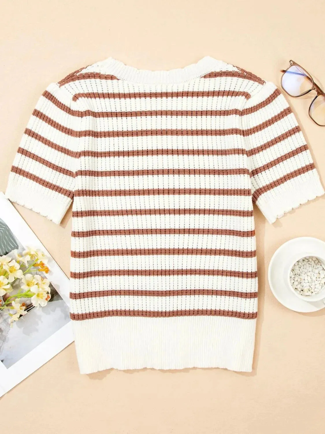Stripe Scalloped Round Neck Short Sleeve Sweater sold by Unique Kulture product image thumbnail 5