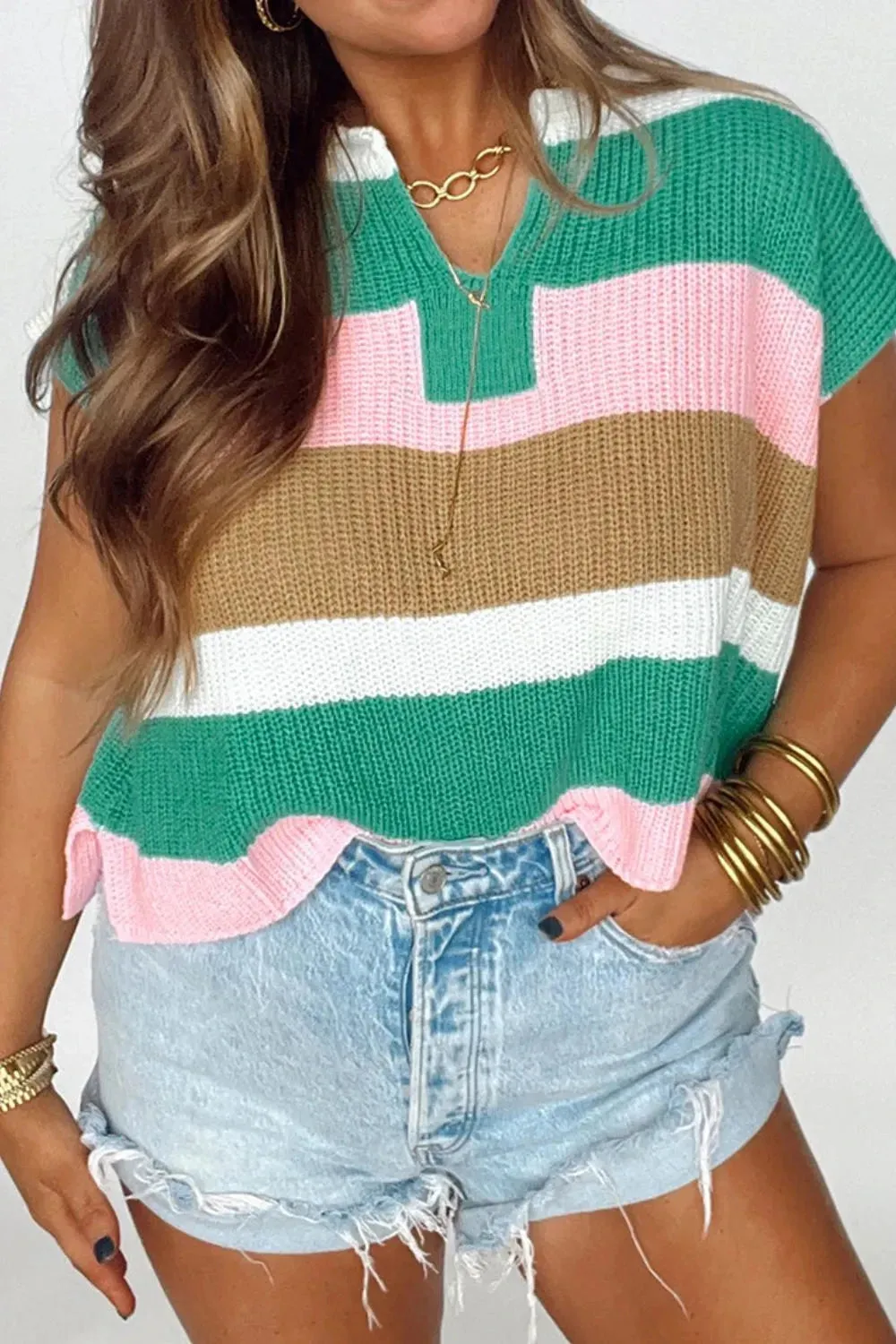 Color Block Notched Cap Sleeve Knit Top sold by Unique Kulture product image thumbnail 2
