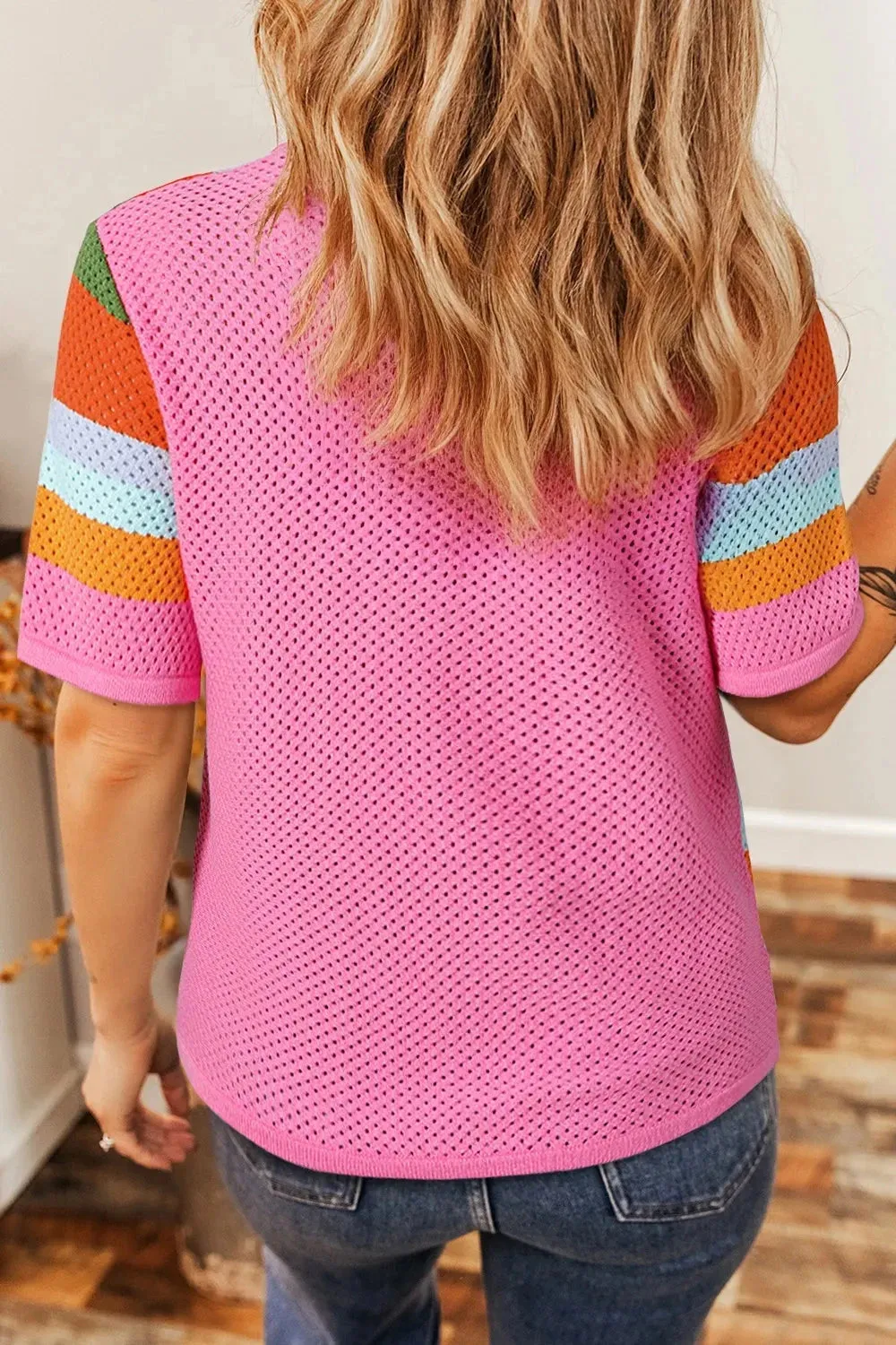 Color Block Eyelet Casual Knit Top sold by Unique Kulture product image thumbnail 2