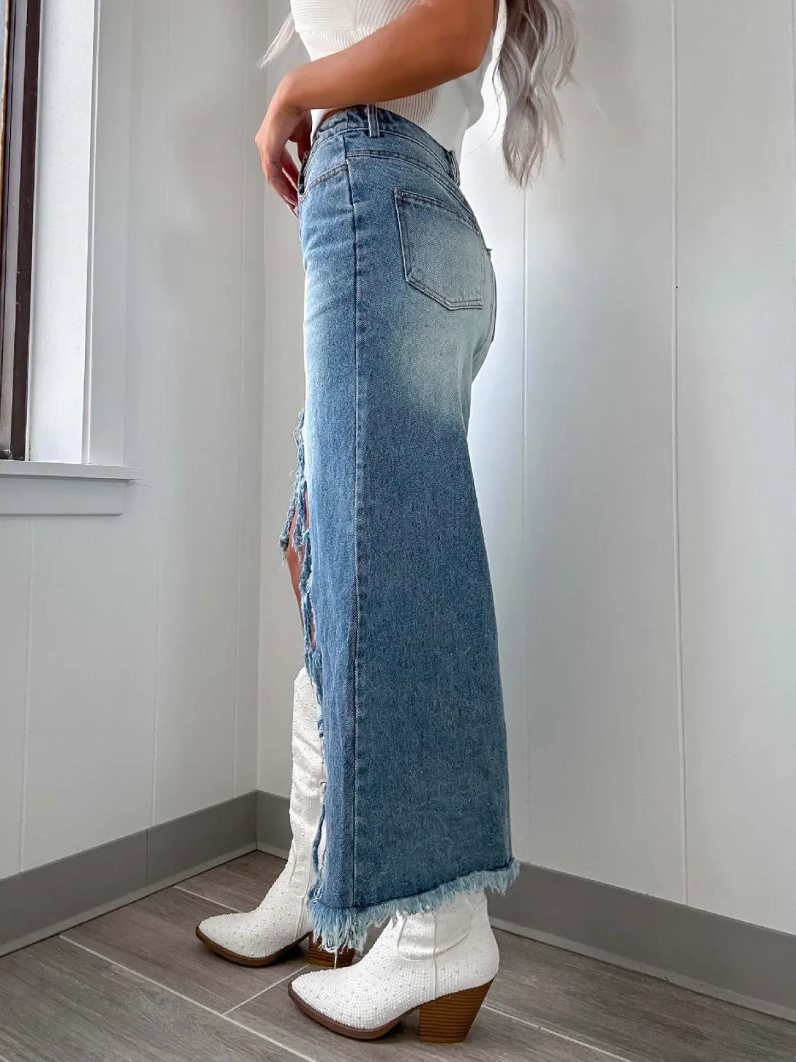 High-Waist Raw Hem Asymmetry Denim Skirt sold by Unique Kulture product image thumbnail 3