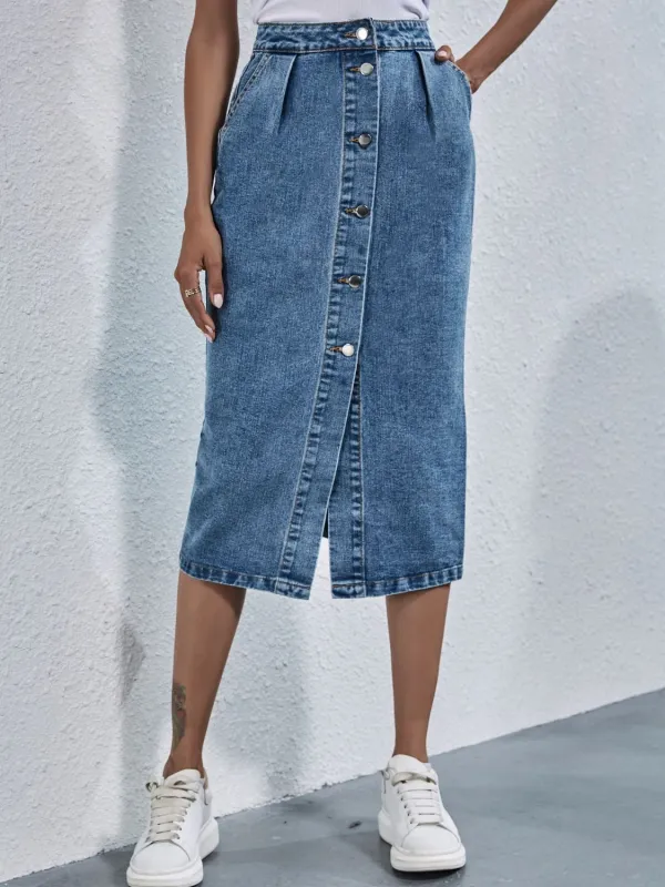 Buttoned Denim Skirt with Pockets sold by Unique Kulture