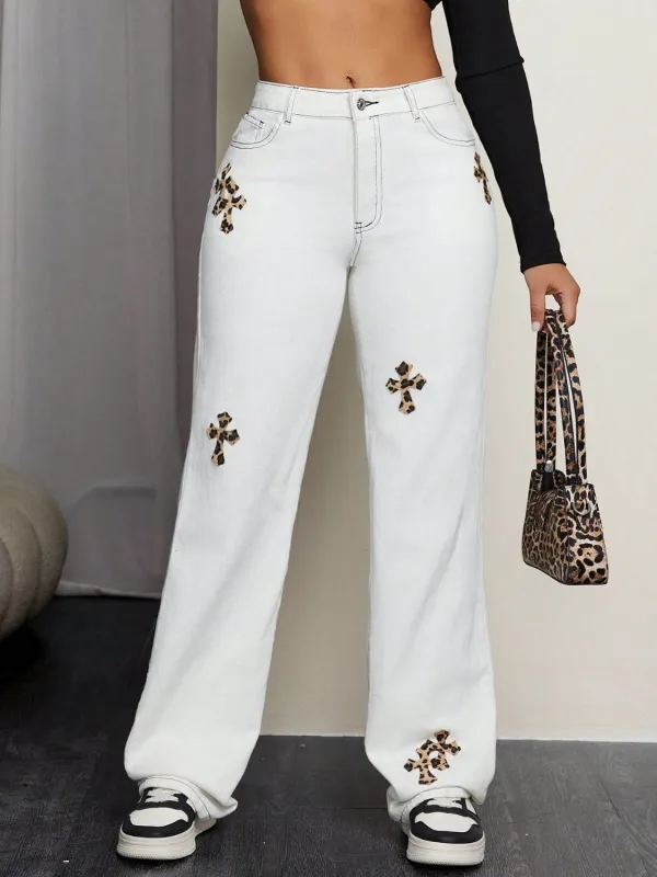 Leopard Cross Detail Straight Leg Jeans sold by Unique Kulture